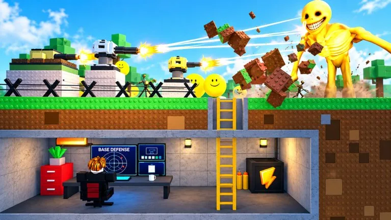 Cross-section of a Bunker vs Verity base with surface turrets firing at a giant yellow Verity while a player watches from the underground bunker.